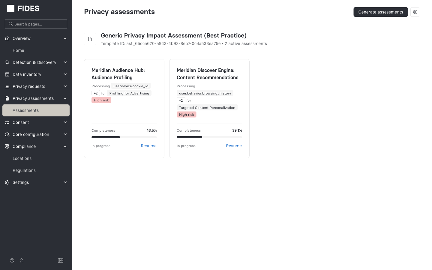 The Privacy assessments list showing two in-progress assessments grouped under a Best Practice PIA template